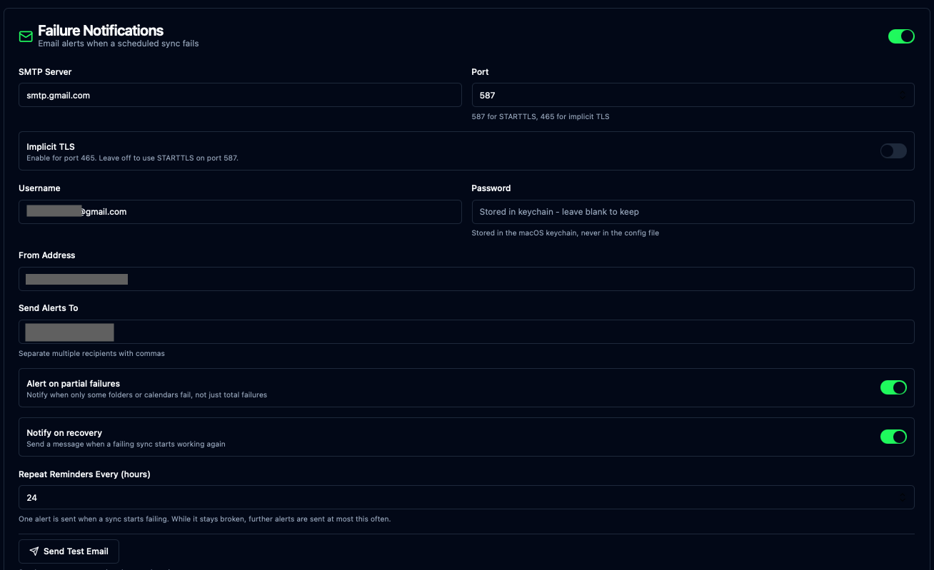Failure Notifications settings