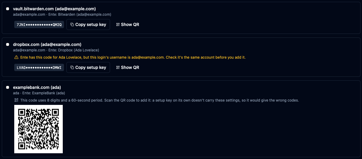 Ente Auth codes matched to Apple logins
