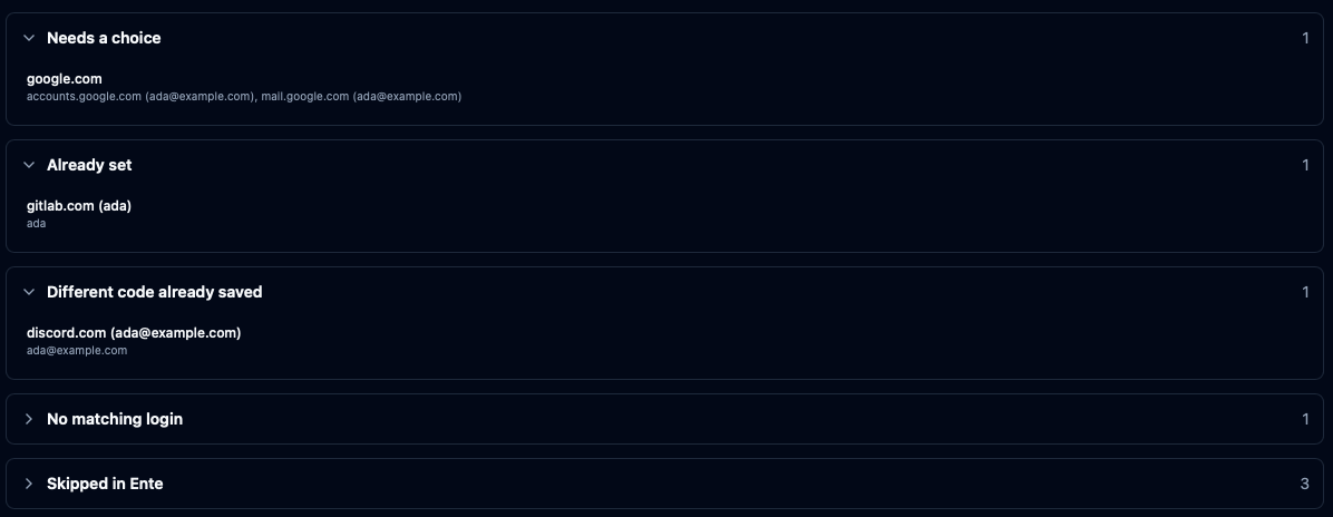 Ente Auth codes not in the checklist