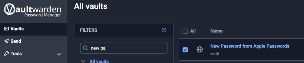 Passwords new in Vaultwarden