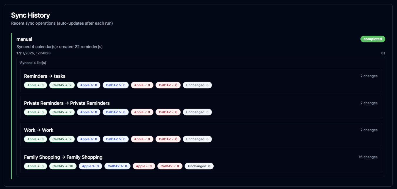 Reminders Sync History